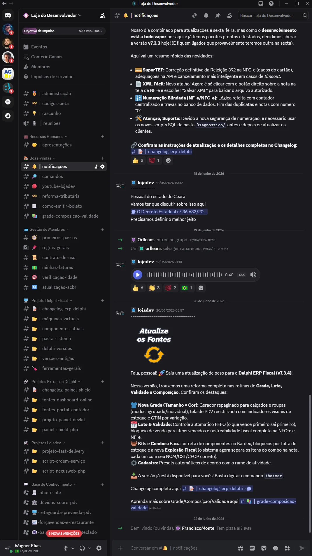 Servidor LojaDev Pro — canal de notificações com anúncio de versão v7.3.3